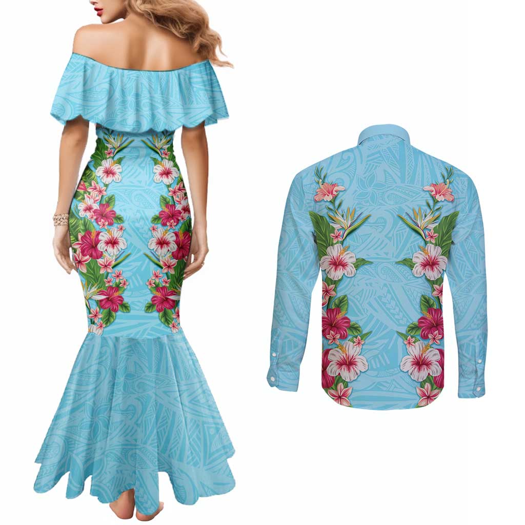 Hawaii Tropical Flowers Couples Matching Mermaid Dress and Long Sleeve Button Shirt Sky Blue Polynesian Tattoo Art LT05 - Polynesian Pride