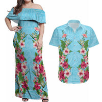 Hawaii Tropical Flowers Couples Matching Off Shoulder Maxi Dress and Hawaiian Shirt Sky Blue Polynesian Tattoo Art LT05 Blue - Polynesian Pride