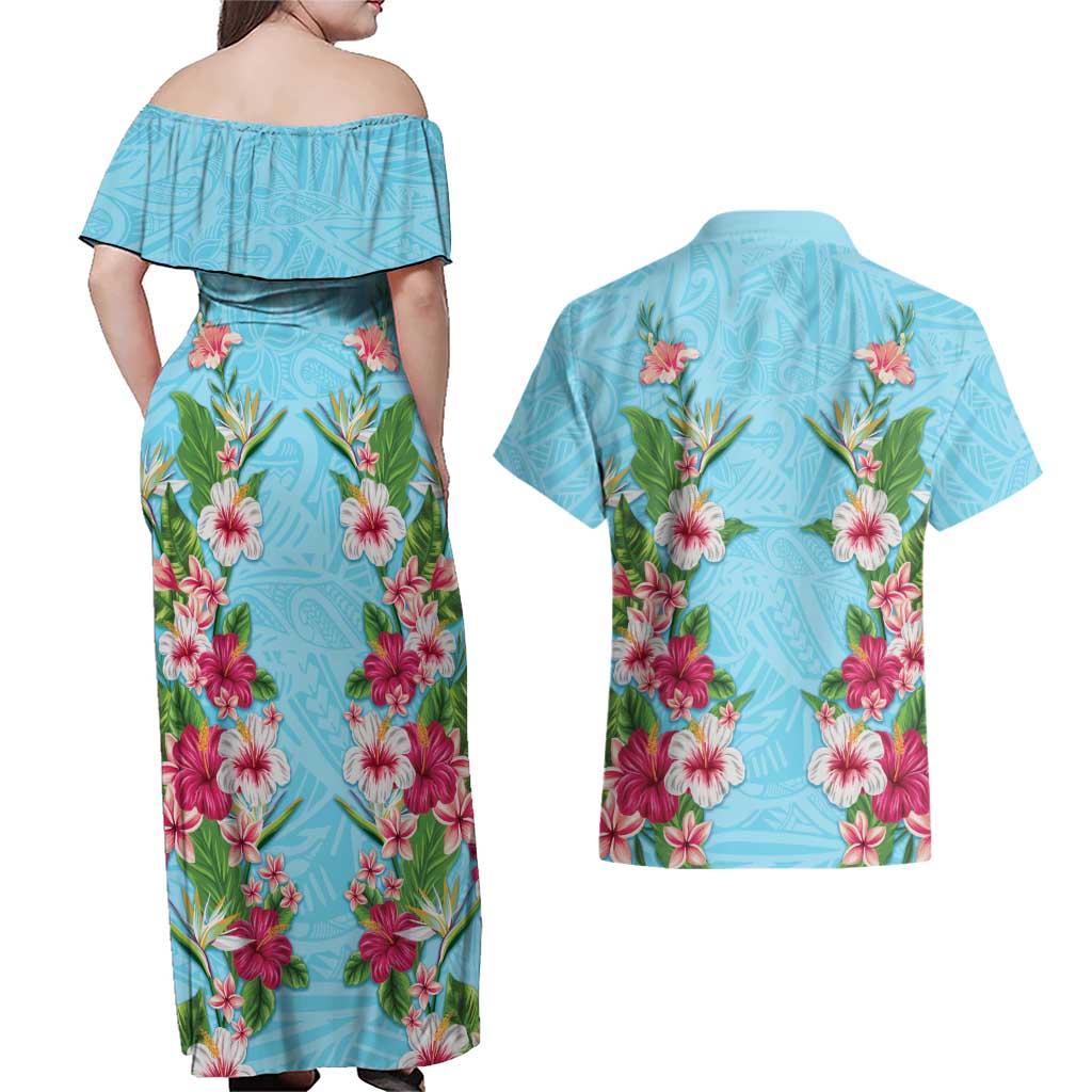 Hawaii Tropical Flowers Couples Matching Off Shoulder Maxi Dress and Hawaiian Shirt Sky Blue Polynesian Tattoo Art LT05 - Polynesian Pride