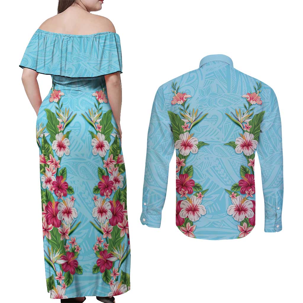 Hawaii Tropical Flowers Couples Matching Off Shoulder Maxi Dress and Long Sleeve Button Shirt Sky Blue Polynesian Tattoo Art LT05 - Polynesian Pride
