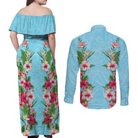 Hawaii Tropical Flowers Couples Matching Off Shoulder Maxi Dress and Long Sleeve Button Shirt Sky Blue Polynesian Tattoo Art LT05 - Polynesian Pride