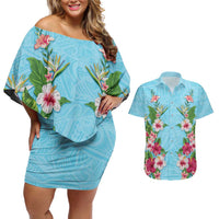 Hawaii Tropical Flowers Couples Matching Off Shoulder Short Dress and Hawaiian Shirt Sky Blue Polynesian Tattoo Art LT05 Blue - Polynesian Pride