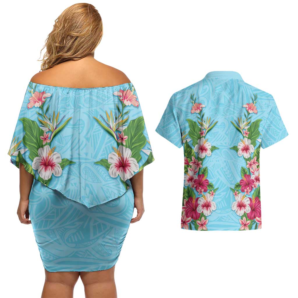 Hawaii Tropical Flowers Couples Matching Off Shoulder Short Dress and Hawaiian Shirt Sky Blue Polynesian Tattoo Art LT05 - Polynesian Pride