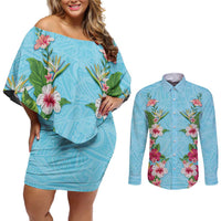 Hawaii Tropical Flowers Couples Matching Off Shoulder Short Dress and Long Sleeve Button Shirt Sky Blue Polynesian Tattoo Art LT05 Blue - Polynesian Pride