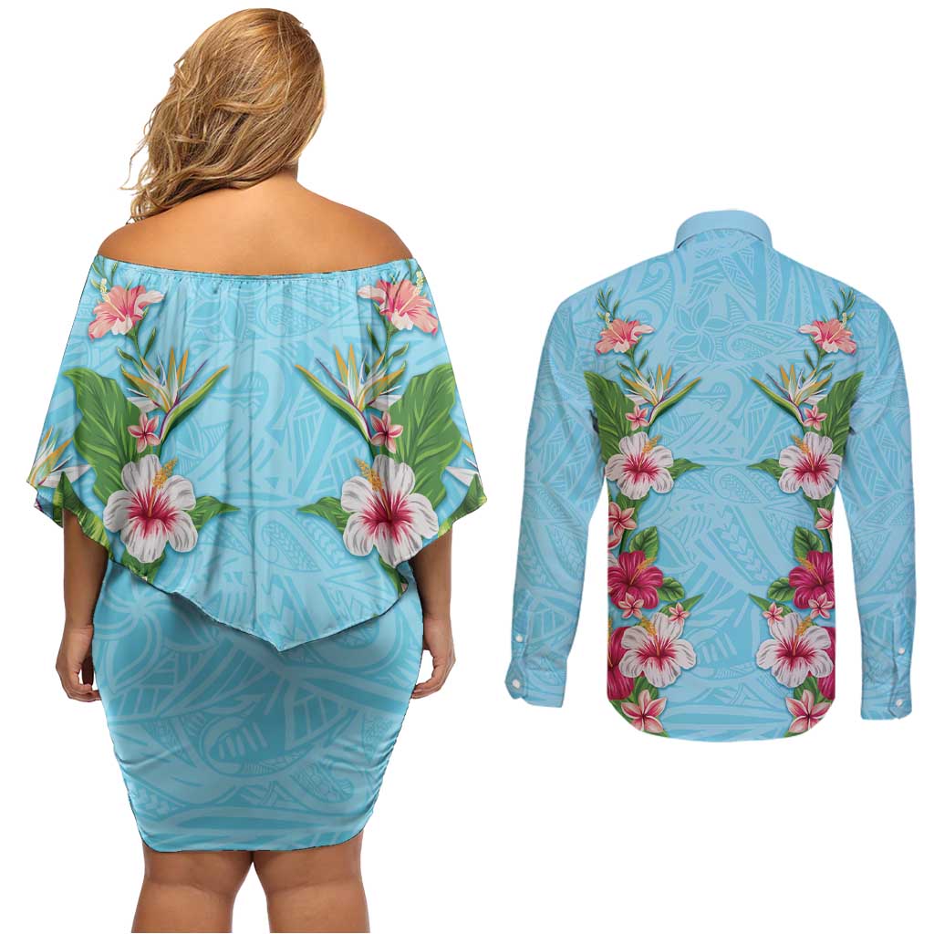 Hawaii Tropical Flowers Couples Matching Off Shoulder Short Dress and Long Sleeve Button Shirt Sky Blue Polynesian Tattoo Art LT05 - Polynesian Pride
