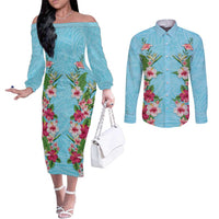 Hawaii Tropical Flowers Couples Matching Off The Shoulder Long Sleeve Dress and Long Sleeve Button Shirt Sky Blue Polynesian Tattoo Art LT05 Blue - Polynesian Pride
