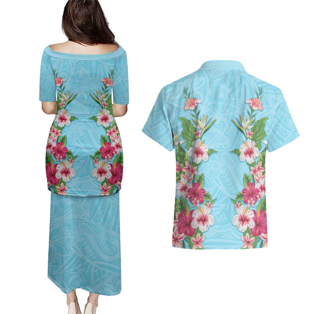 Hawaii Tropical Flowers Couples Matching Puletasi and Hawaiian Shirt Sky Blue Polynesian Tattoo Art LT05 - Polynesian Pride