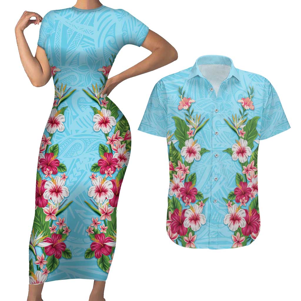 Hawaii Tropical Flowers Couples Matching Short Sleeve Bodycon Dress and Hawaiian Shirt Sky Blue Polynesian Tattoo Art LT05 Blue - Polynesian Pride