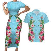 Hawaii Tropical Flowers Couples Matching Short Sleeve Bodycon Dress and Hawaiian Shirt Sky Blue Polynesian Tattoo Art LT05 Blue - Polynesian Pride