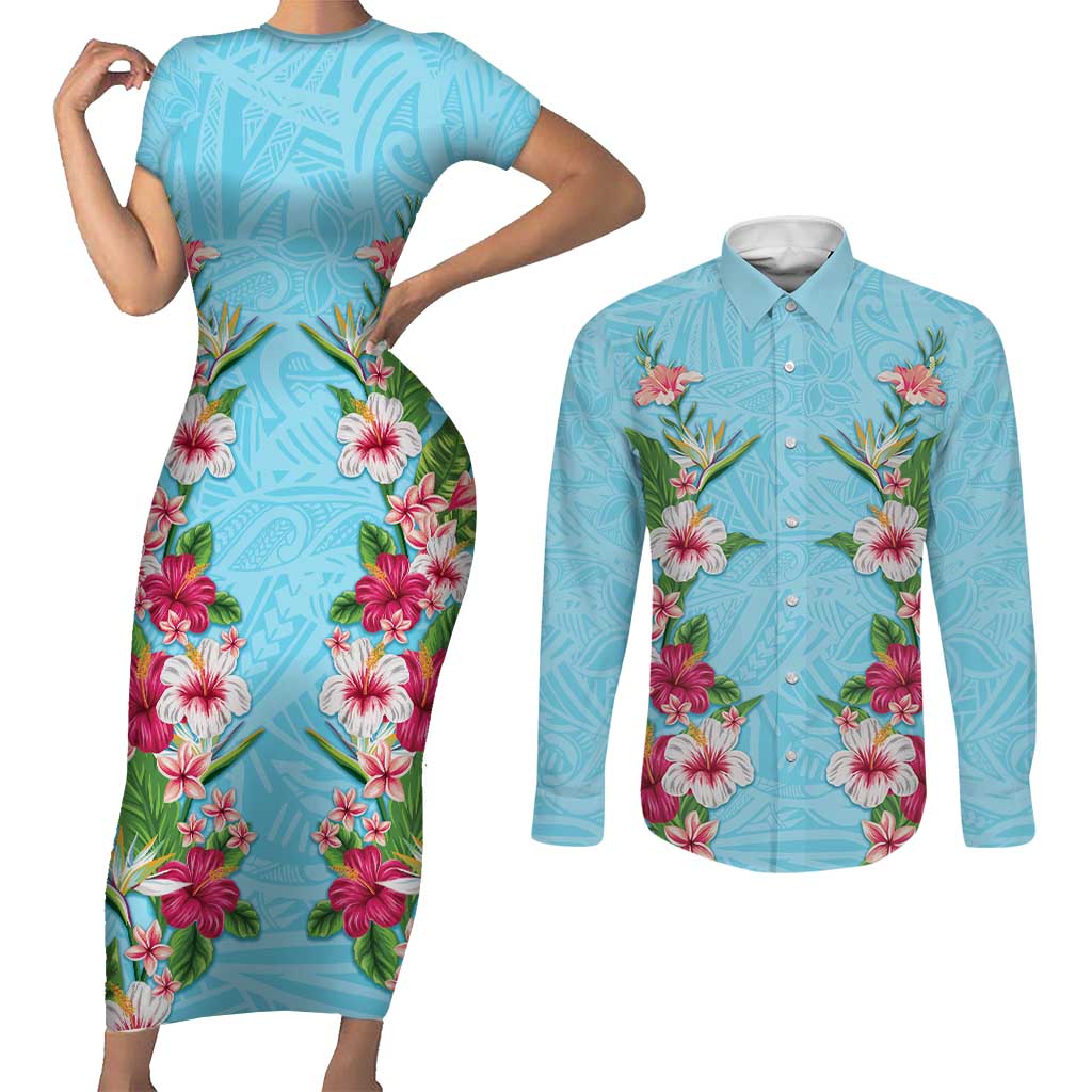 Hawaii Tropical Flowers Couples Matching Short Sleeve Bodycon Dress and Long Sleeve Button Shirt Sky Blue Polynesian Tattoo Art LT05 Blue - Polynesian Pride