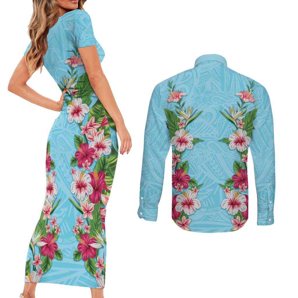 Hawaii Tropical Flowers Couples Matching Short Sleeve Bodycon Dress and Long Sleeve Button Shirt Sky Blue Polynesian Tattoo Art LT05 - Polynesian Pride