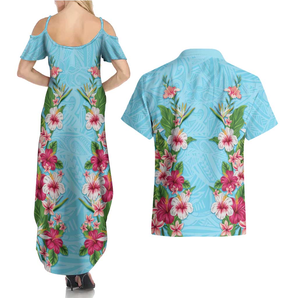 Hawaii Tropical Flowers Couples Matching Summer Maxi Dress and Hawaiian Shirt Sky Blue Polynesian Tattoo Art LT05 - Polynesian Pride