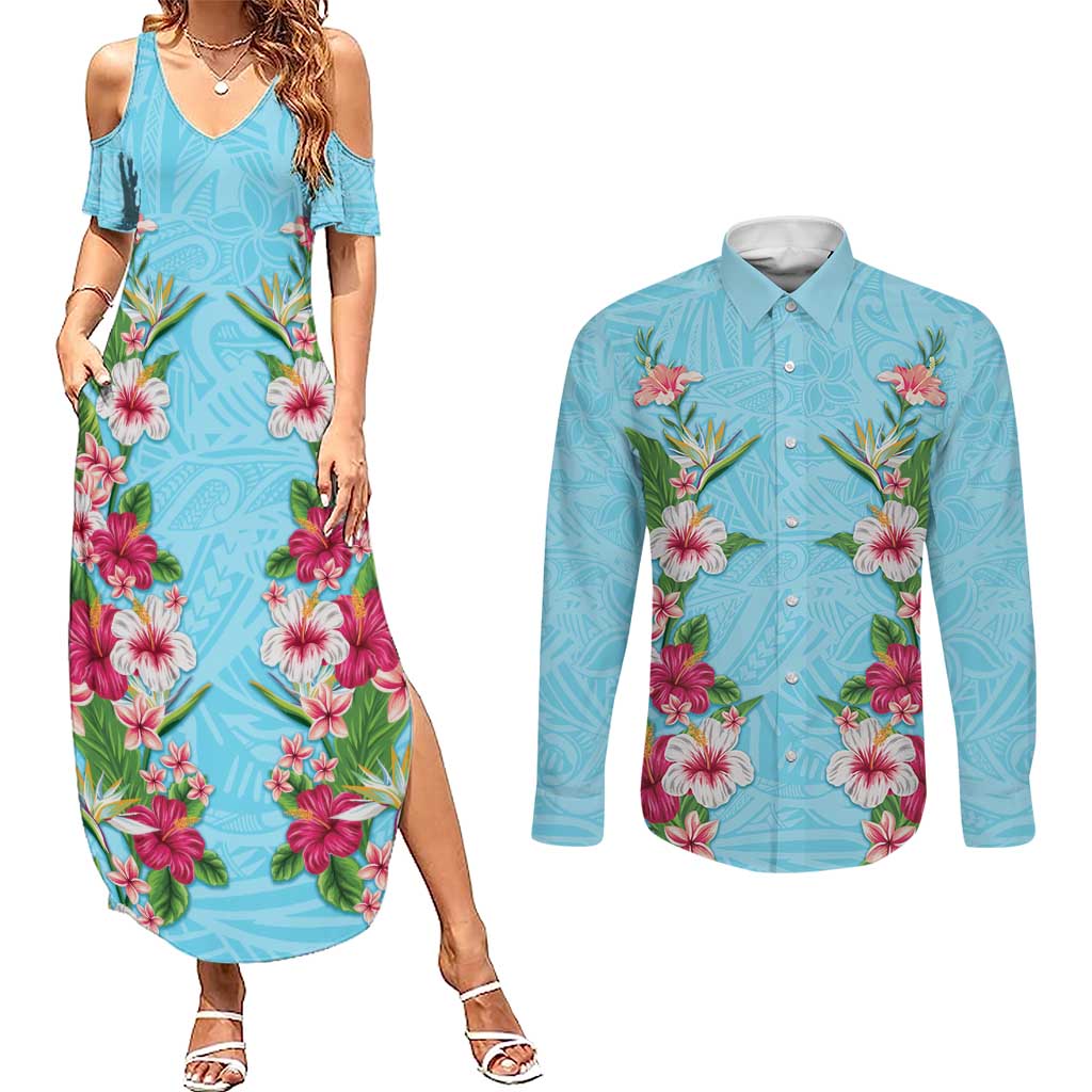 Hawaii Tropical Flowers Couples Matching Summer Maxi Dress and Long Sleeve Button Shirt Sky Blue Polynesian Tattoo Art LT05 Blue - Polynesian Pride