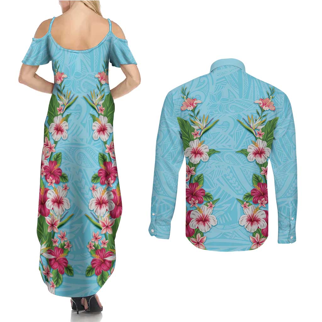 Hawaii Tropical Flowers Couples Matching Summer Maxi Dress and Long Sleeve Button Shirt Sky Blue Polynesian Tattoo Art LT05 - Polynesian Pride