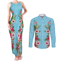 Hawaii Tropical Flowers Couples Matching Tank Maxi Dress and Long Sleeve Button Shirt Sky Blue Polynesian Tattoo Art LT05 Blue - Polynesian Pride