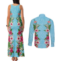 Hawaii Tropical Flowers Couples Matching Tank Maxi Dress and Long Sleeve Button Shirt Sky Blue Polynesian Tattoo Art LT05 - Polynesian Pride
