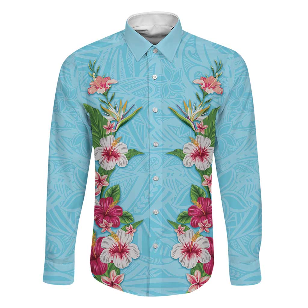 Hawaii Tropical Flowers Family Matching Long Sleeve Bodycon Dress and Hawaiian Shirt Sky Blue Polynesian Tattoo Art LT05 Dad's Shirt - Long Sleeve Blue - Polynesian Pride