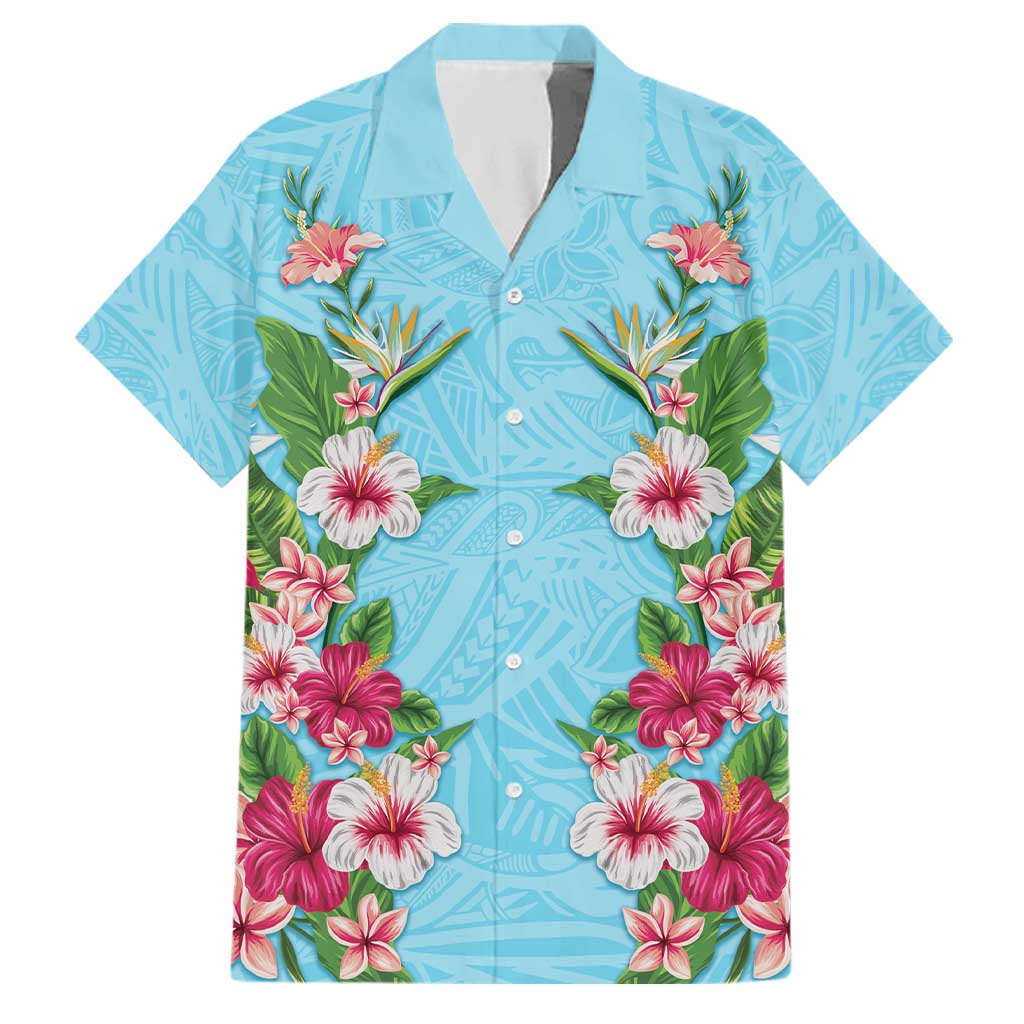 Hawaii Tropical Flowers Family Matching Mermaid Dress and Hawaiian Shirt Sky Blue Polynesian Tattoo Art LT05 Dad's Shirt - Short Sleeve Blue - Polynesian Pride