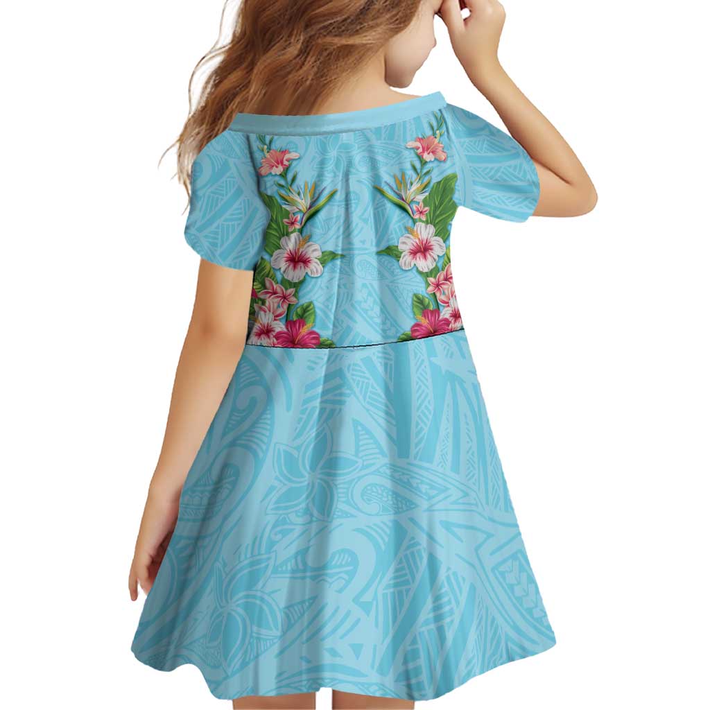 Hawaii Tropical Flowers Family Matching Off Shoulder Maxi Dress and Hawaiian Shirt Sky Blue Polynesian Tattoo Art LT05 - Polynesian Pride