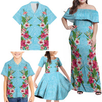 Hawaii Tropical Flowers Family Matching Off Shoulder Maxi Dress and Hawaiian Shirt Sky Blue Polynesian Tattoo Art LT05 - Polynesian Pride