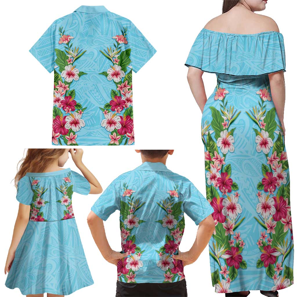Hawaii Tropical Flowers Family Matching Off Shoulder Maxi Dress and Hawaiian Shirt Sky Blue Polynesian Tattoo Art LT05 - Polynesian Pride