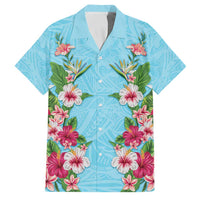 Hawaii Tropical Flowers Family Matching Off Shoulder Maxi Dress and Hawaiian Shirt Sky Blue Polynesian Tattoo Art LT05 Dad's Shirt - Short Sleeve Blue - Polynesian Pride