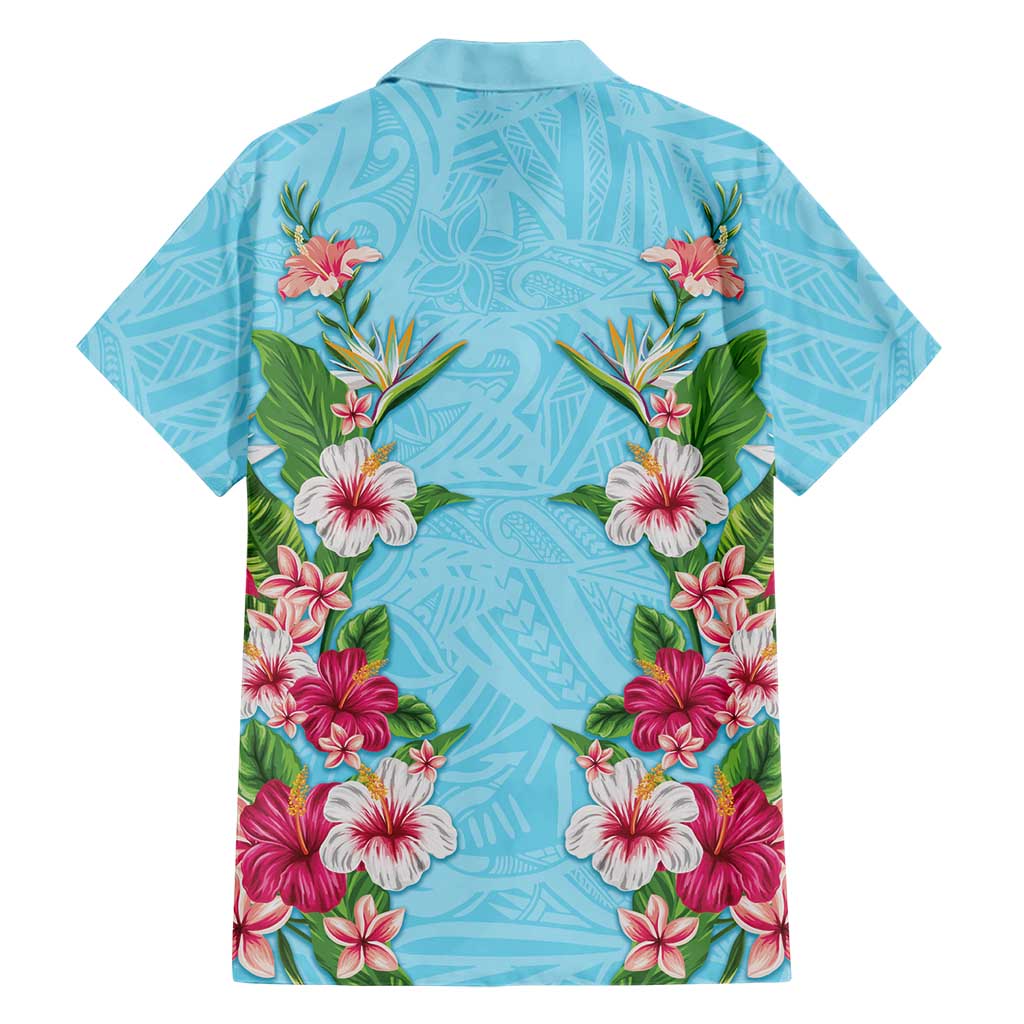 Hawaii Tropical Flowers Family Matching Off Shoulder Maxi Dress and Hawaiian Shirt Sky Blue Polynesian Tattoo Art LT05 - Polynesian Pride