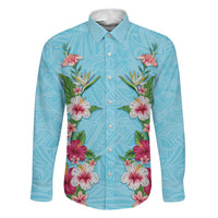 Hawaii Tropical Flowers Family Matching Off Shoulder Maxi Dress and Hawaiian Shirt Sky Blue Polynesian Tattoo Art LT05 Dad's Shirt - Long Sleeve Blue - Polynesian Pride