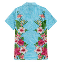 Hawaii Tropical Flowers Family Matching Off Shoulder Short Dress and Hawaiian Shirt Sky Blue Polynesian Tattoo Art LT05 - Polynesian Pride