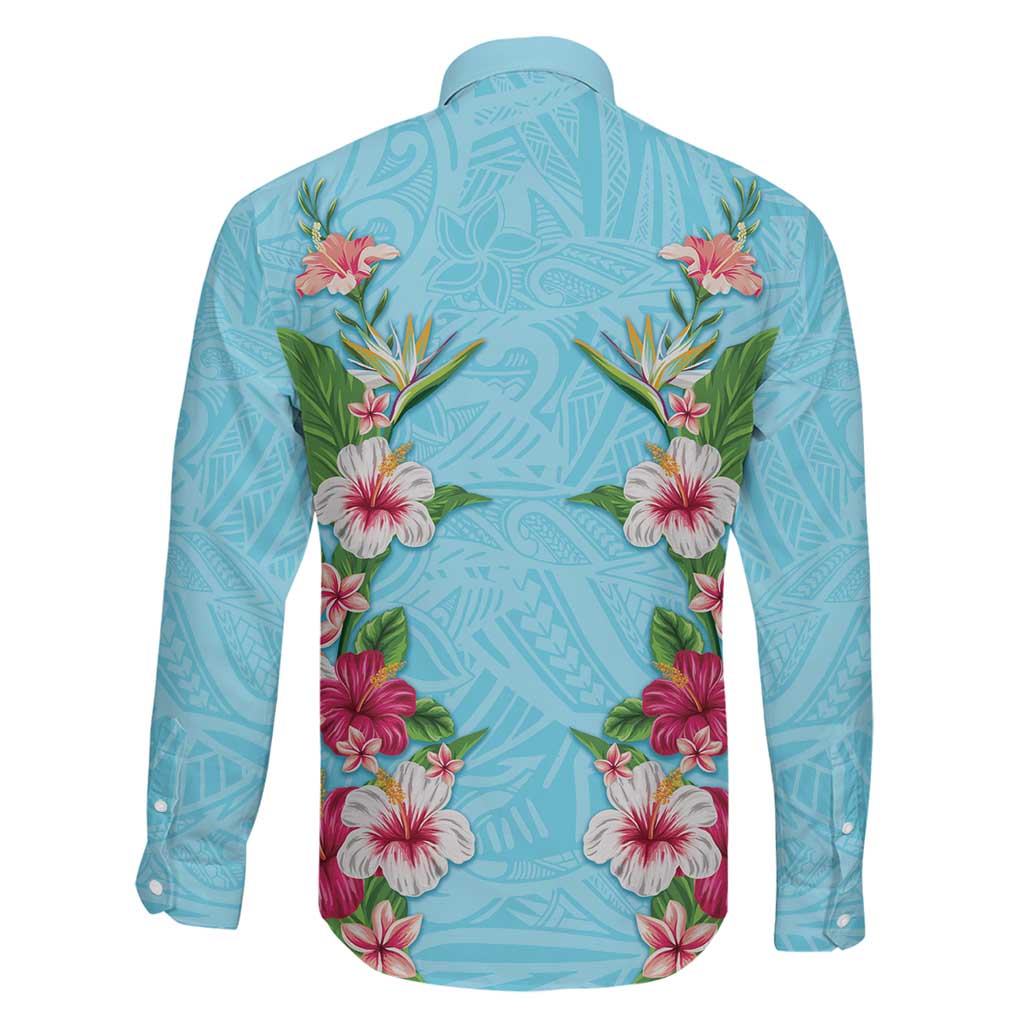 Hawaii Tropical Flowers Family Matching Short Sleeve Bodycon Dress and Hawaiian Shirt Sky Blue Polynesian Tattoo Art LT05 - Polynesian Pride