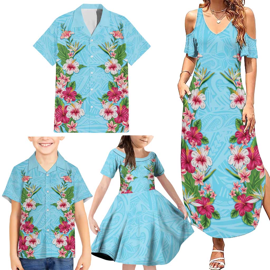 Hawaii Tropical Flowers Family Matching Summer Maxi Dress and Hawaiian Shirt Sky Blue Polynesian Tattoo Art LT05 - Polynesian Pride