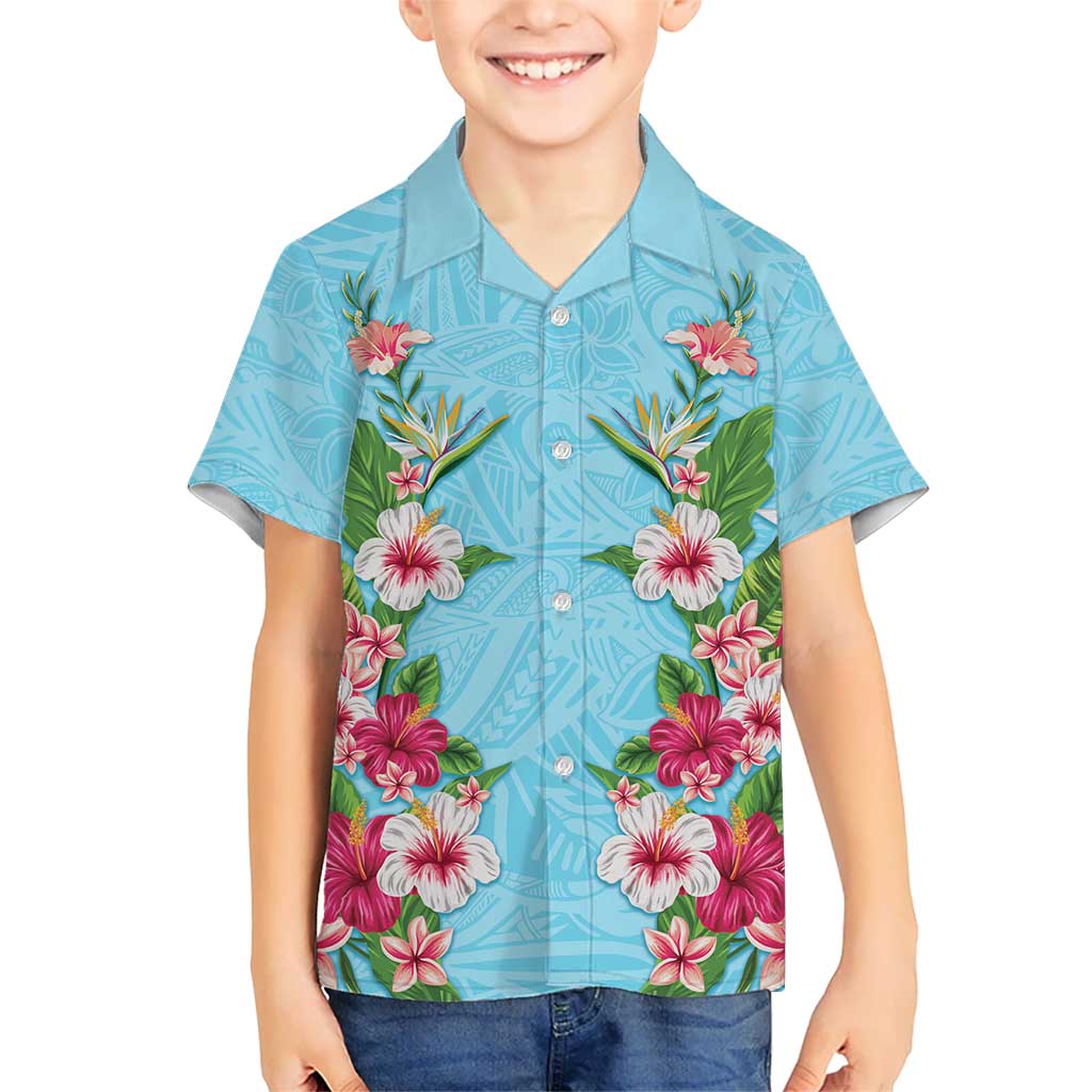 Hawaii Tropical Flowers Family Matching Summer Maxi Dress and Hawaiian Shirt Sky Blue Polynesian Tattoo Art LT05 Son's Shirt Blue - Polynesian Pride