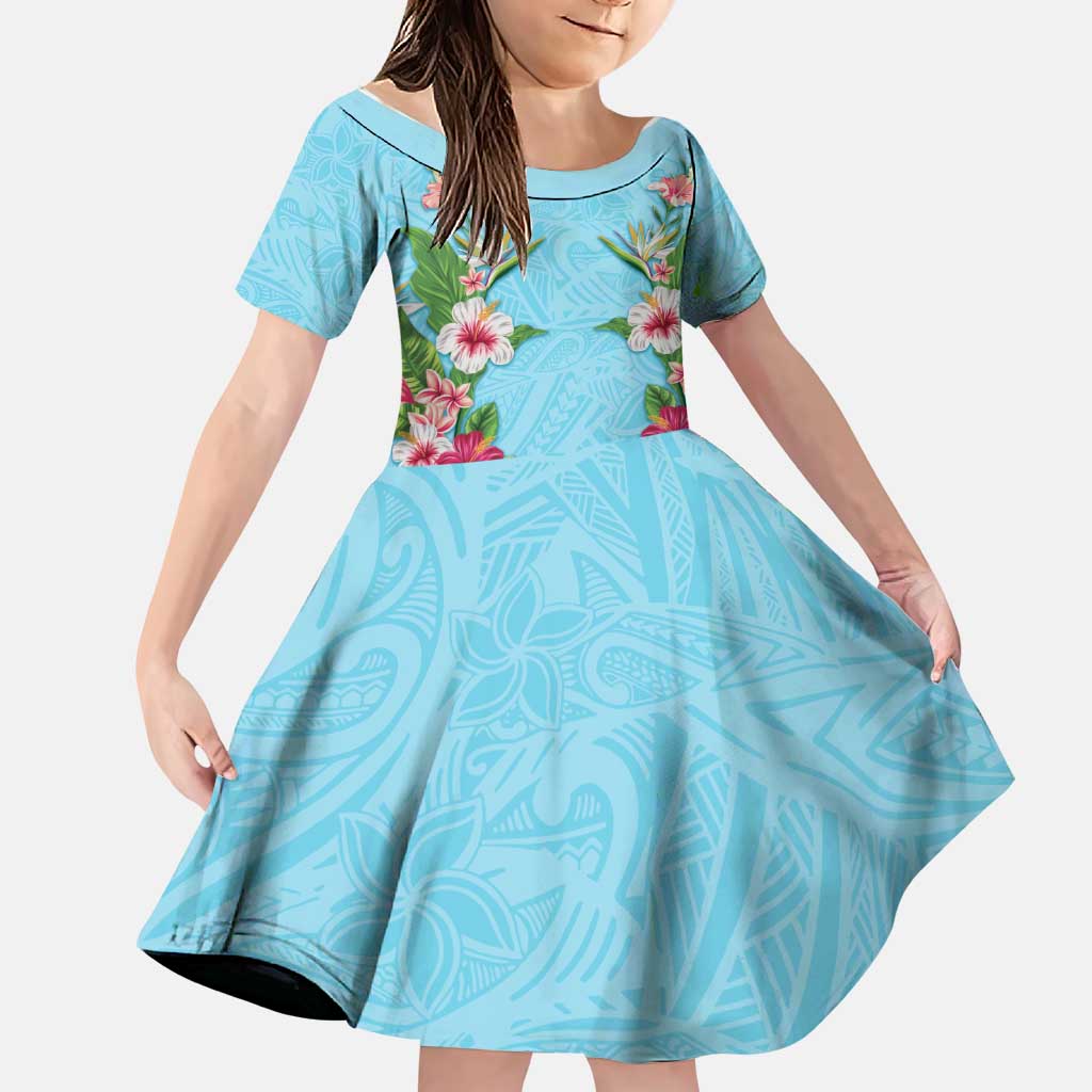 Hawaii Tropical Flowers Family Matching Tank Maxi Dress and Hawaiian Shirt Sky Blue Polynesian Tattoo Art LT05 Daughter's Dress Blue - Polynesian Pride