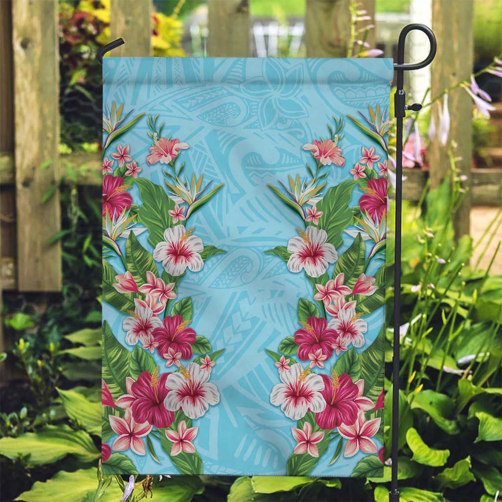 Hawaii Tropical Flowers Garden Flag Sky Blue Polynesian Tattoo Art