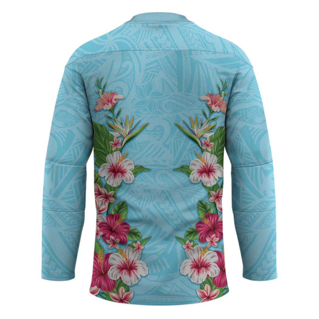 Hawaii Tropical Flowers Hockey Jersey Sky Blue Polynesian Tattoo Art