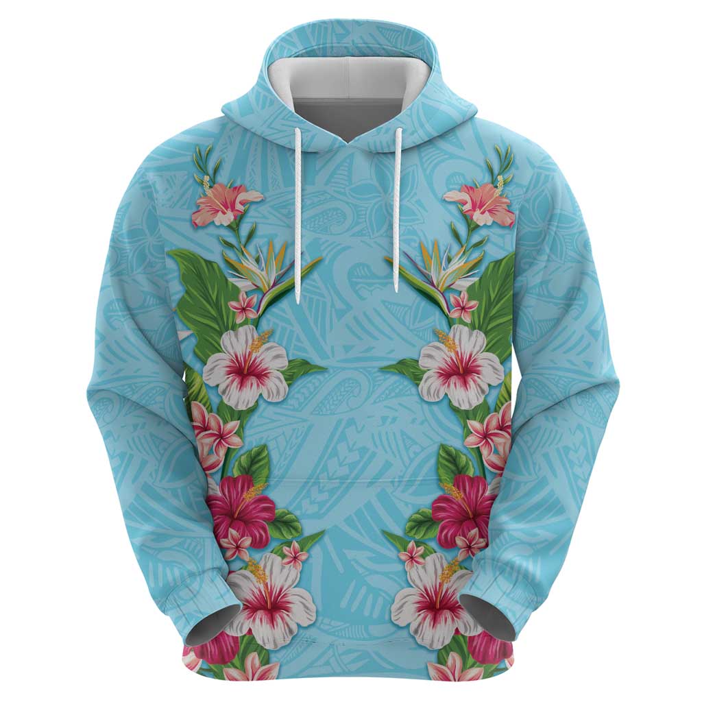 Hawaii Tropical Flowers Hoodie Sky Blue Polynesian Tattoo Art