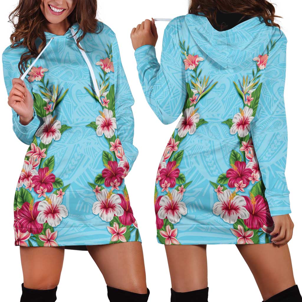 Hawaii Tropical Flowers Hoodie Dress Sky Blue Polynesian Tattoo Art