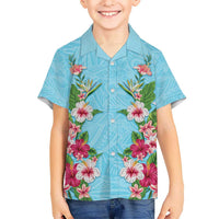 Hawaii Tropical Flowers Kid Hawaiian Shirt Sky Blue Polynesian Tattoo Art LT05 Kid Blue - Polynesian Pride