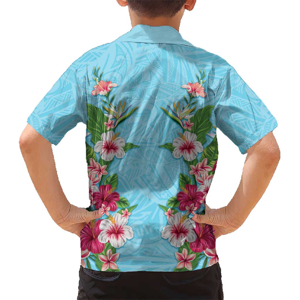 Hawaii Tropical Flowers Kid Hawaiian Shirt Sky Blue Polynesian Tattoo Art LT05 - Polynesian Pride