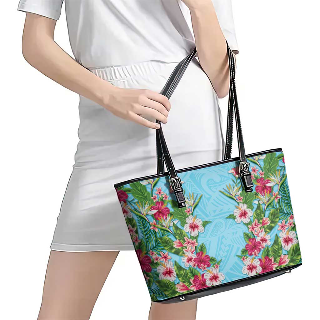 Hawaii Tropical Flowers Leather Tote Bag Sky Blue Polynesian Tattoo Art