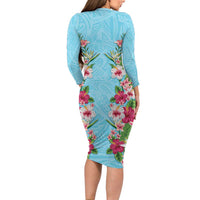 Hawaii Tropical Flowers Long Sleeve Bodycon Dress Sky Blue Polynesian Tattoo Art
