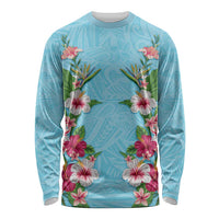 Hawaii Tropical Flowers Long Sleeve Shirt Sky Blue Polynesian Tattoo Art