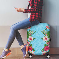 Hawaii Tropical Flowers Luggage Cover Sky Blue Polynesian Tattoo Art