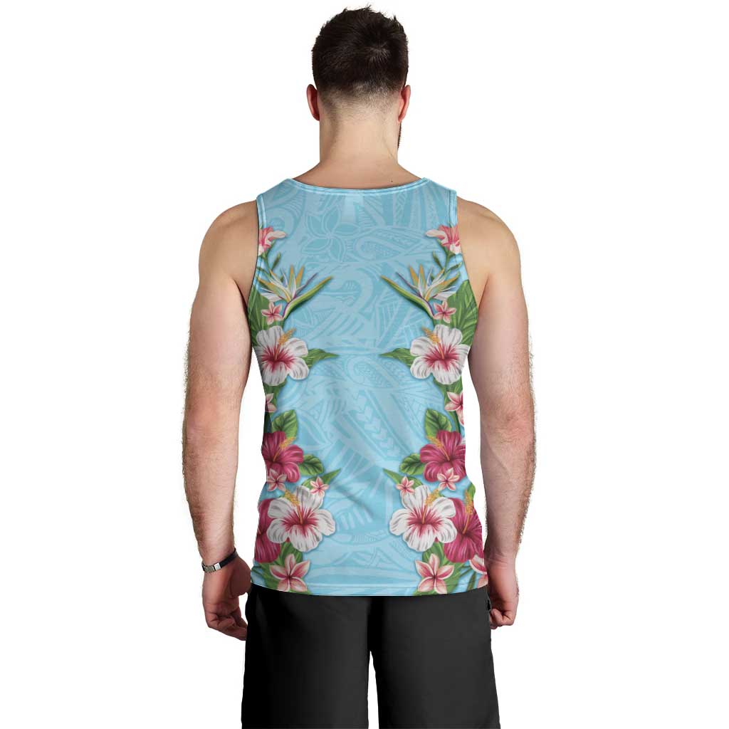 Hawaii Tropical Flowers Men Tank Top Sky Blue Polynesian Tattoo Art