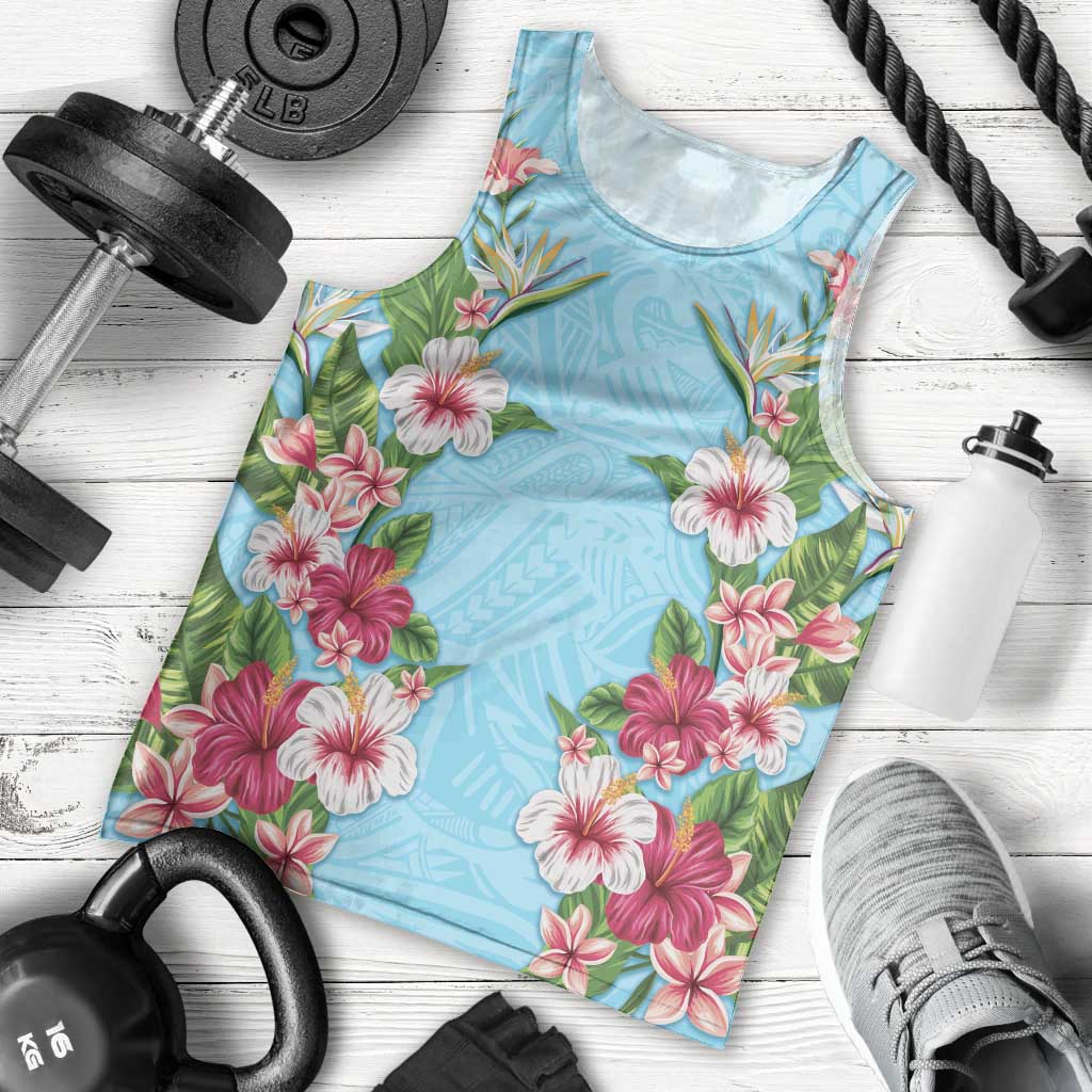 Hawaii Tropical Flowers Men Tank Top Sky Blue Polynesian Tattoo Art