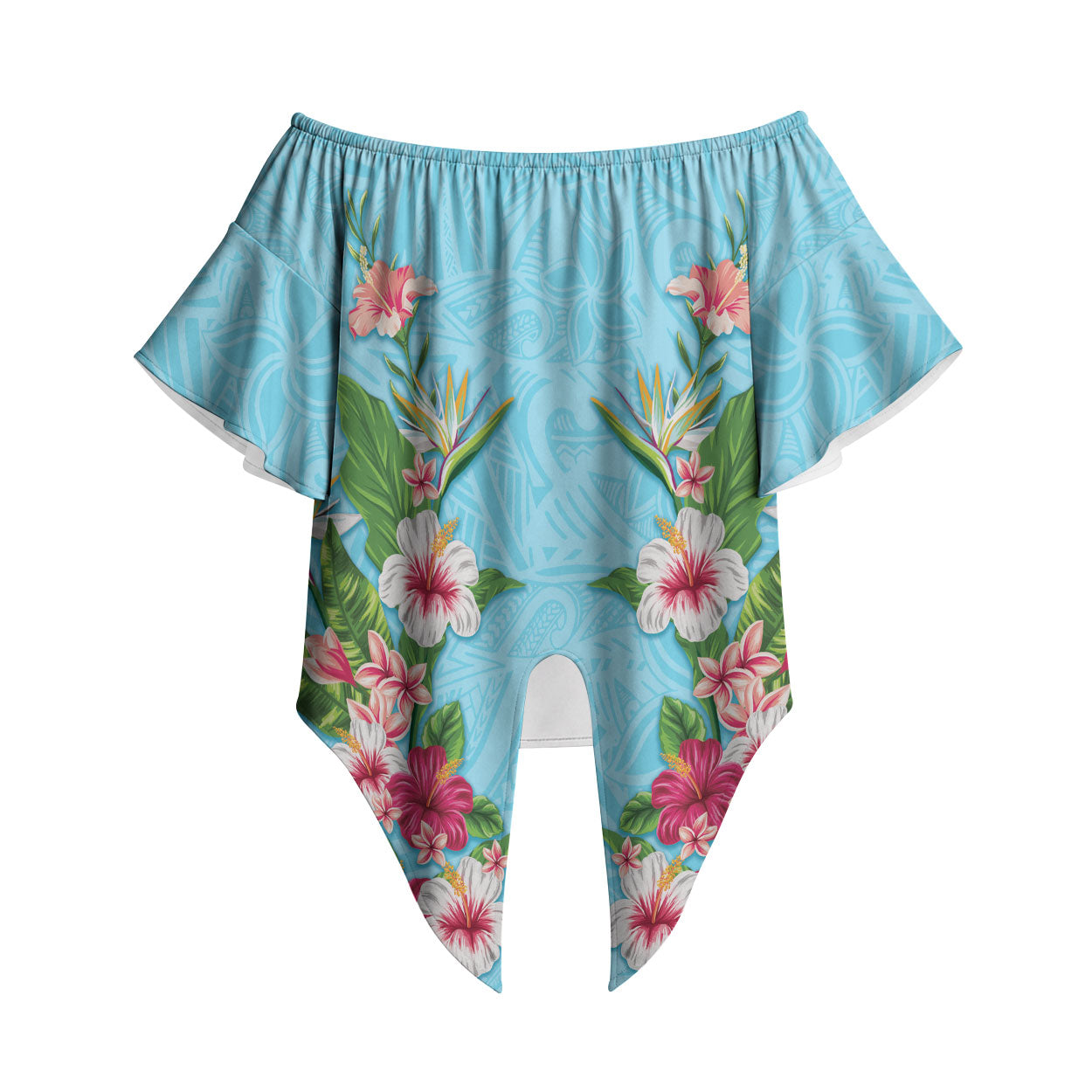 Hawaii Tropical Flowers Off Shoulder Wrap Waist Top Sky Blue Polynesian Tattoo Art LT05 Blue - Polynesian Pride