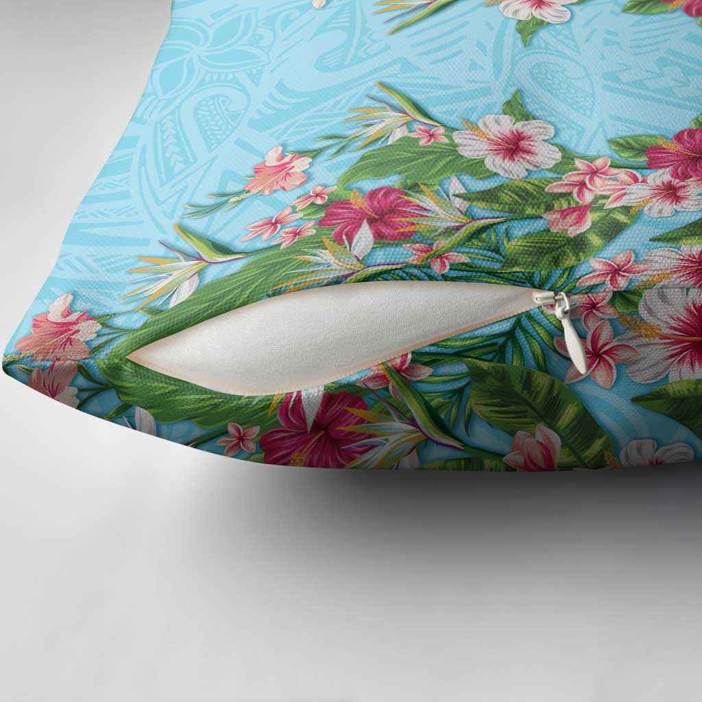 Hawaii Tropical Flowers Pillow Cover Sky Blue Polynesian Tattoo Art