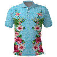 Hawaii Tropical Flowers Polo Shirt Sky Blue Polynesian Tattoo Art