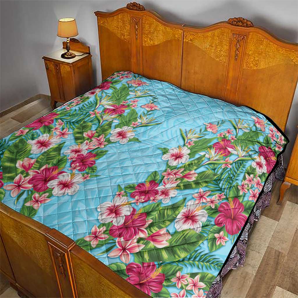 Hawaii Tropical Flowers Quilt Sky Blue Polynesian Tattoo Art