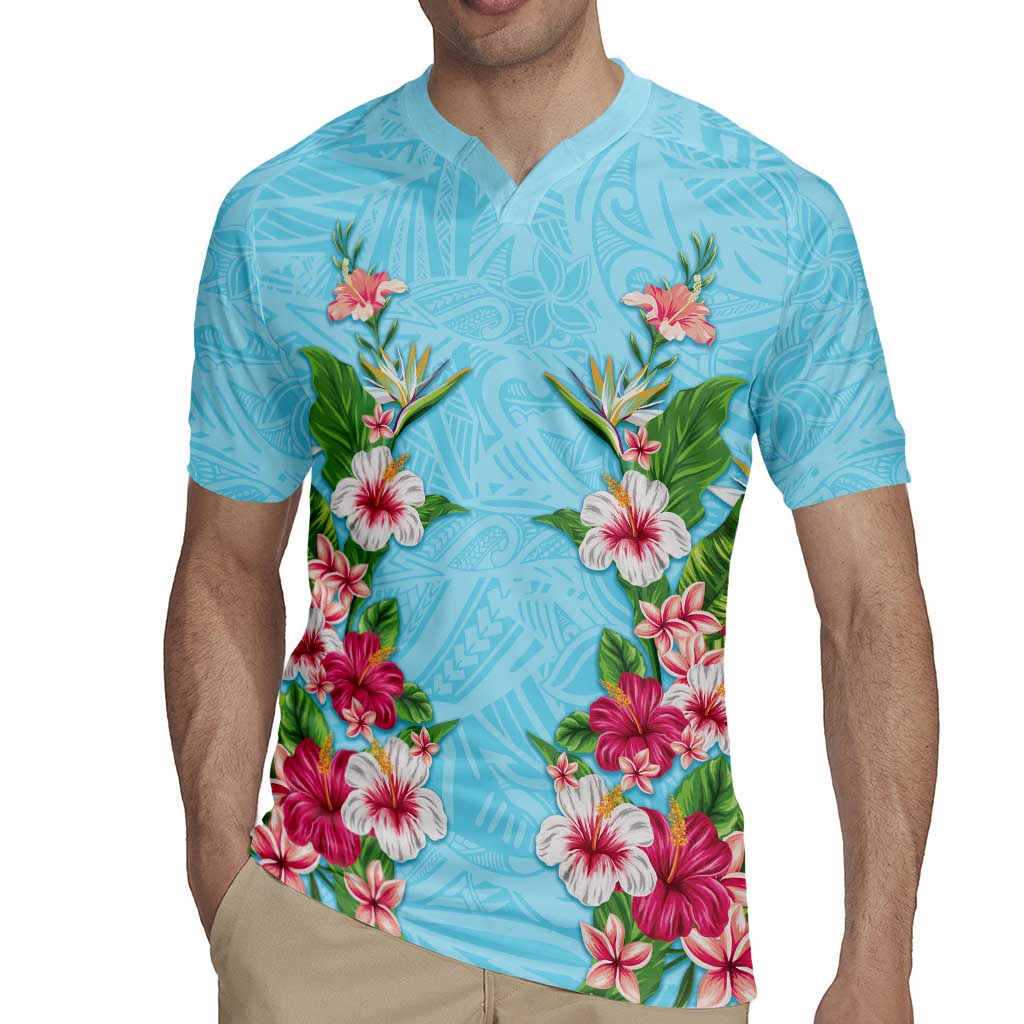Hawaii Tropical Flowers Rugby Jersey Sky Blue Polynesian Tattoo Art